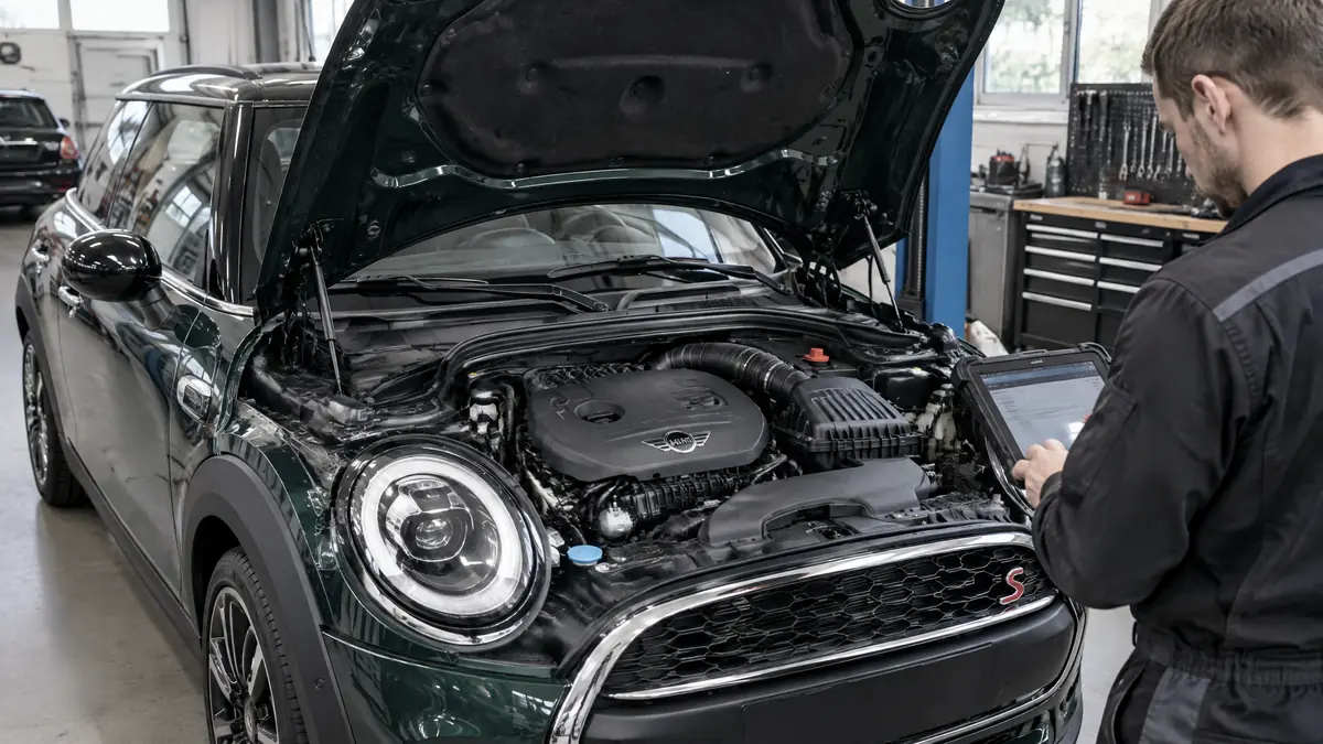 Motorraum eines MINI Cooper mit 3-Zylinder-Benzinmotor