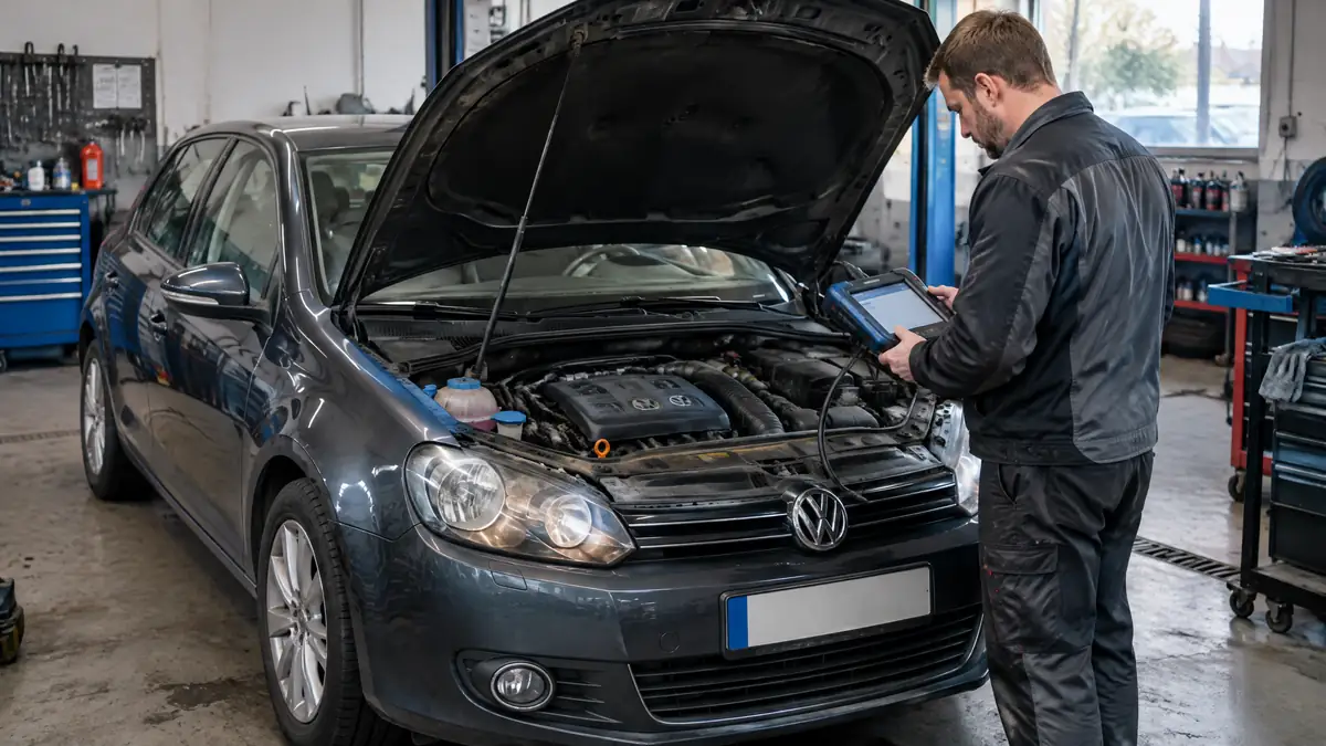 Mechaniker prüft den Motor eines VW Golf 6 auf Schäden