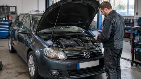 Mechaniker prüft den Motor eines VW Golf 6 auf Schäden