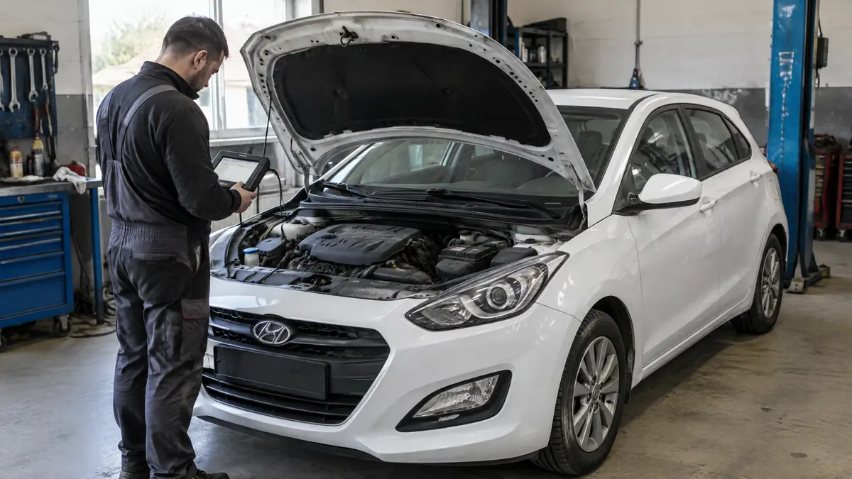 Hyundai i30 bei der Prüfung auf Motorschaden in einer Kfz-Werkstatt