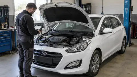 Hyundai i30 bei der Prüfung auf Motorschaden in einer Kfz-Werkstatt