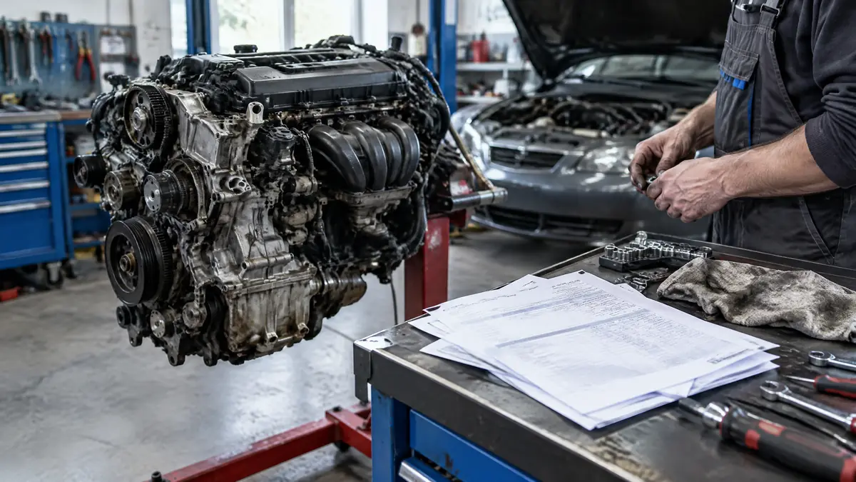 Werkstatt prüft einen Motor mit möglichem Motorschaden