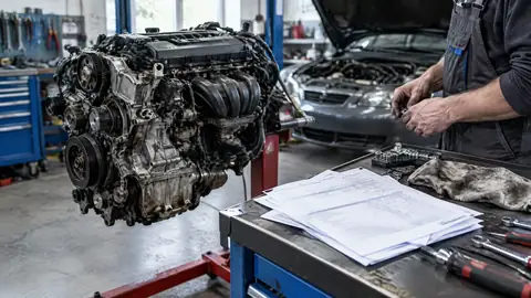 Werkstatt prüft einen Motor mit möglichem Motorschaden