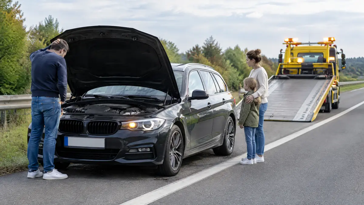 Geöffneter Motorraum mit sichtbaren Spuren eines Motorschadens