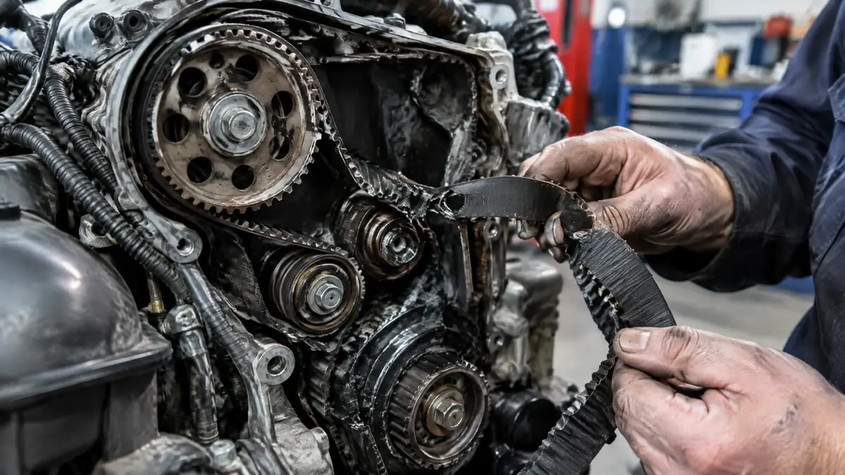 Geöffneter Motor mit gerissenem Zahnriemen bei der Schadendiagnose