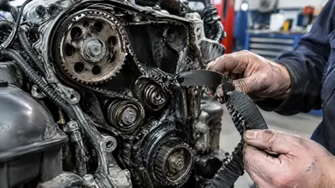 Geöffneter Motor mit gerissenem Zahnriemen bei der Schadendiagnose