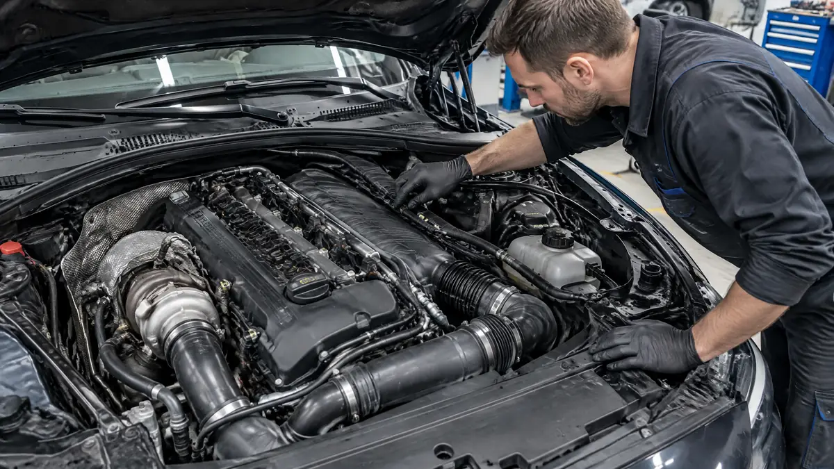 BMW N55 Motorraum mit sichtbaren Leitungen und Ladeluftsystem bei einer technischen Prüfung