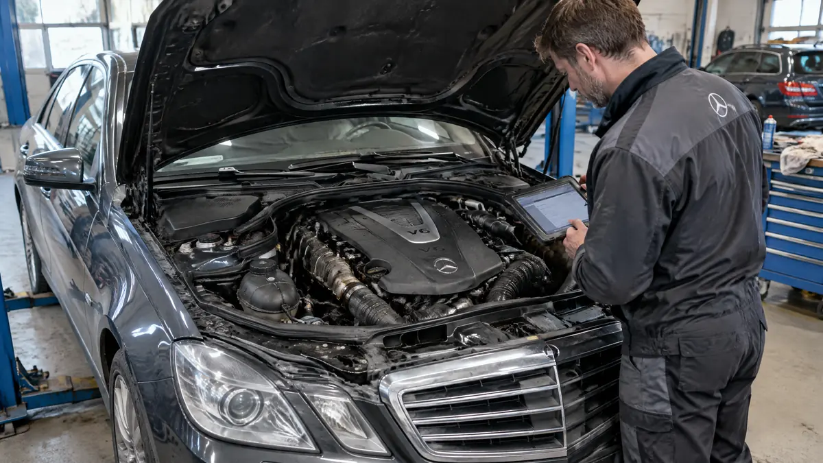 Mercedes OM642 V6-Dieselmotor bei der Diagnose in einer Werkstatt