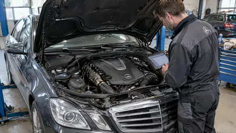 Mercedes OM642 V6-Dieselmotor bei der Diagnose in einer Werkstatt