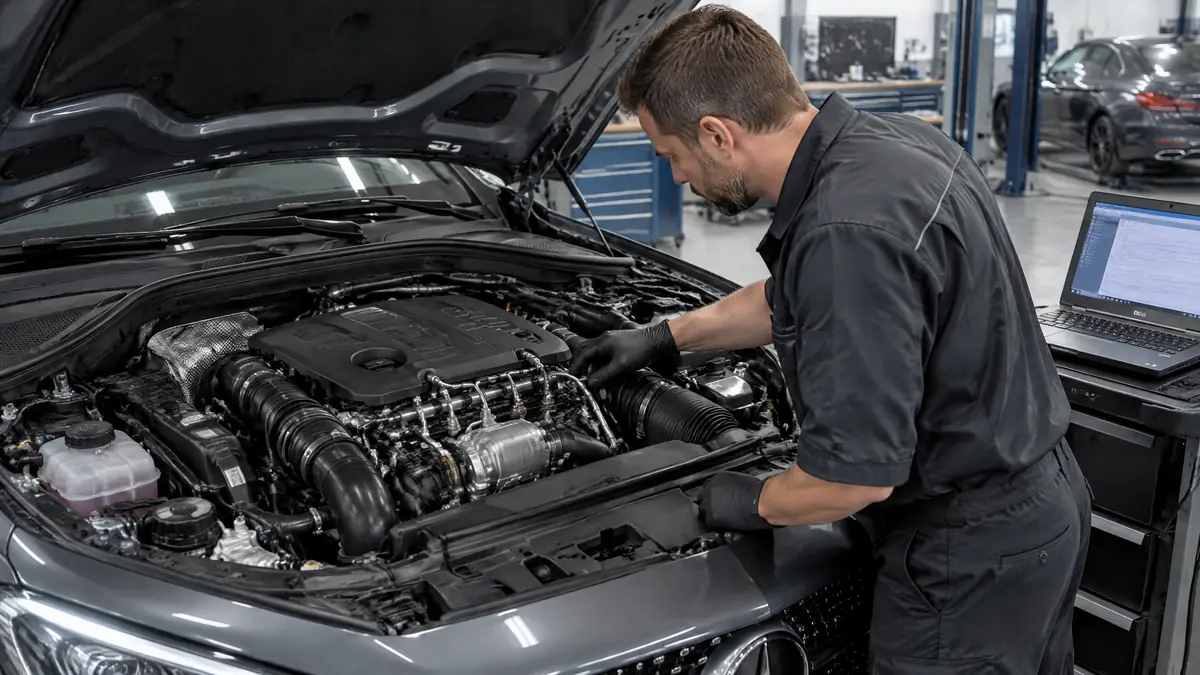 Mercedes OM654 Dieselmotor bei der technischen Diagnose