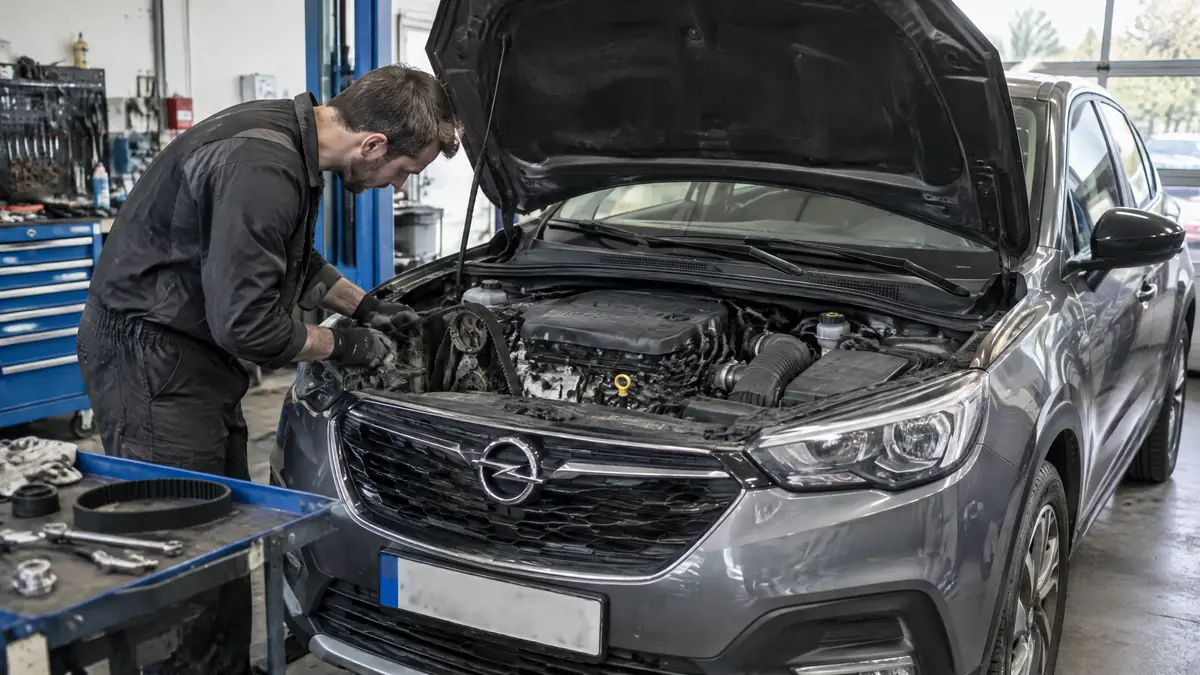 Mechaniker prüft den Zahnriemen eines Opel 1.2 Liter Dreizylinders