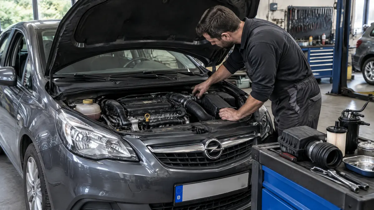Opel Diesel bei der Prüfung von Motor und Nockenwellenkette in einer Werkstatt