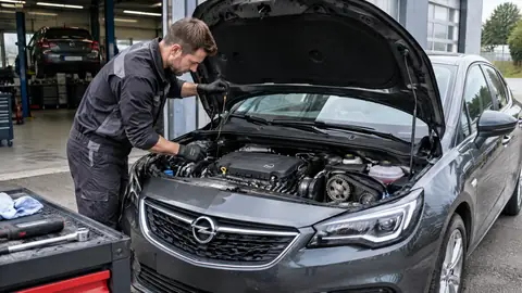Opel mit 3-Zylinder-Motor in einer Werkstatt