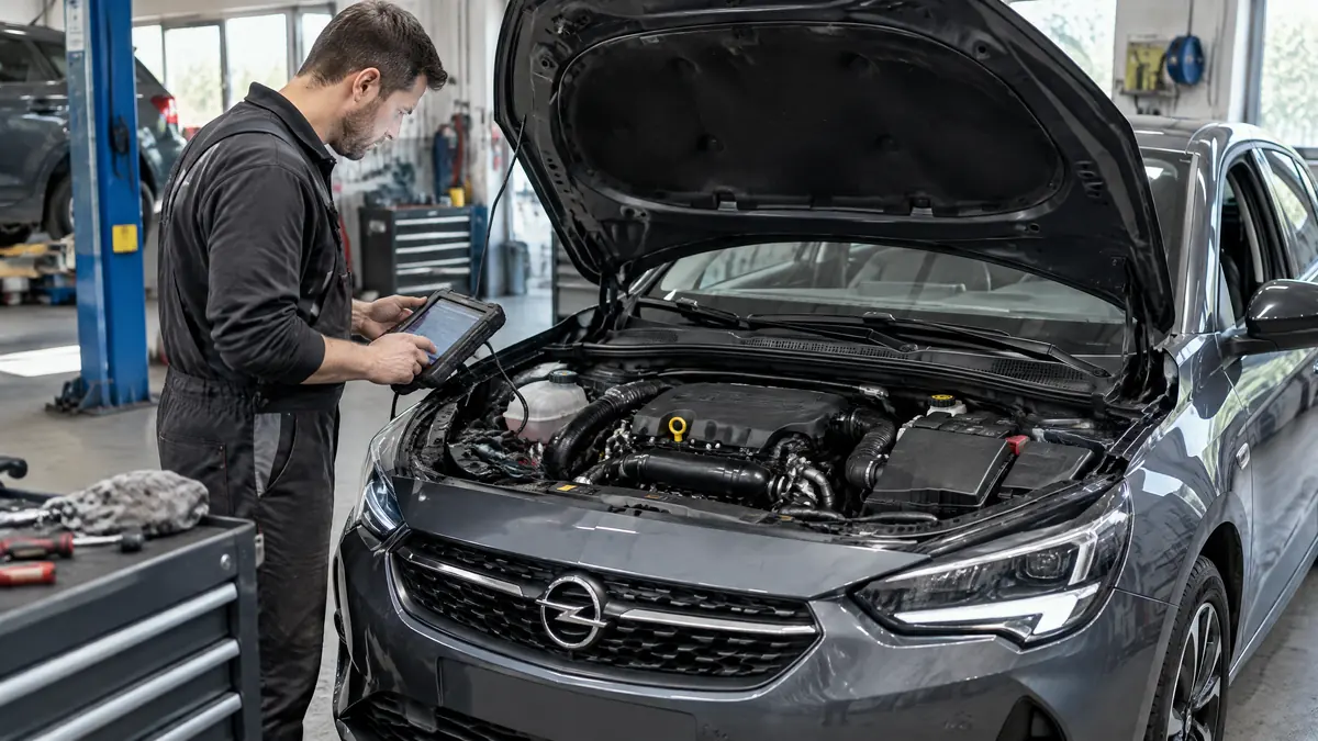 Opel Corsa Dreizylinder bei der Diagnose in einer Kfz-Werkstatt