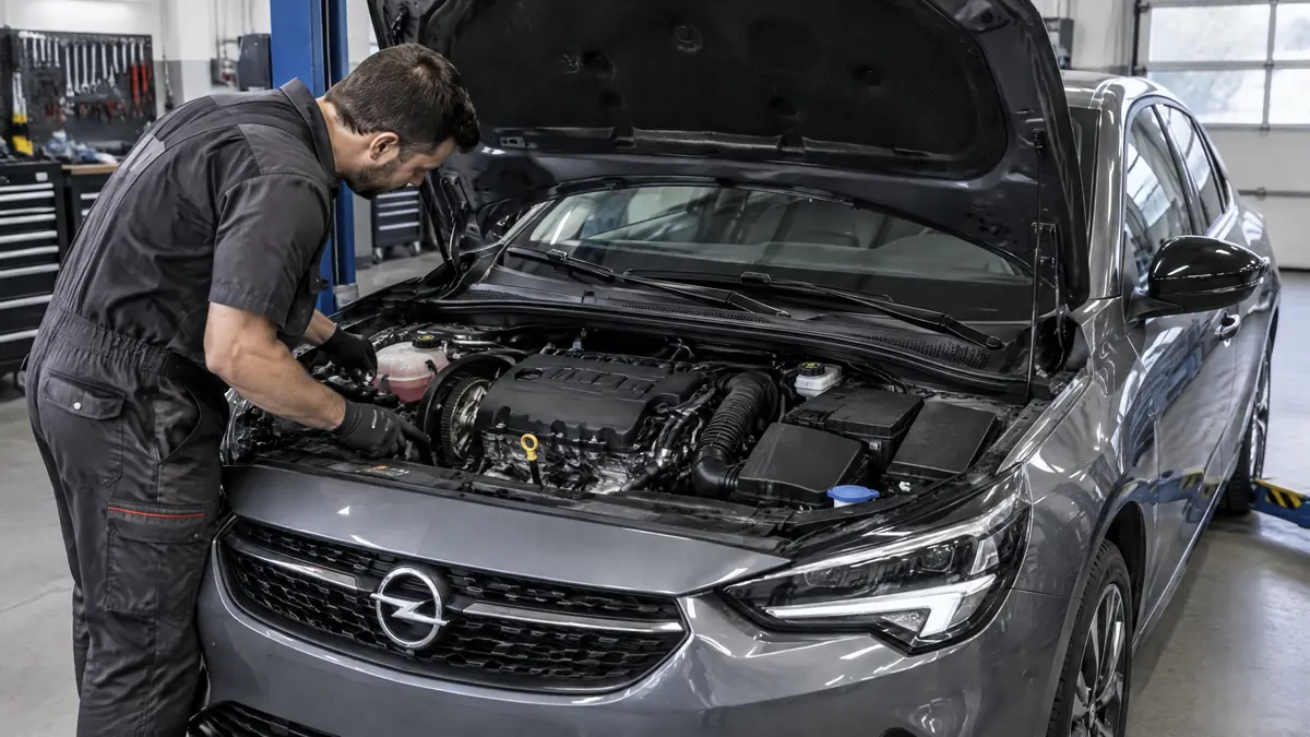 Opel Corsa F mit geöffneter Motorhaube zur Prüfung des 1.2-Benzinmotors