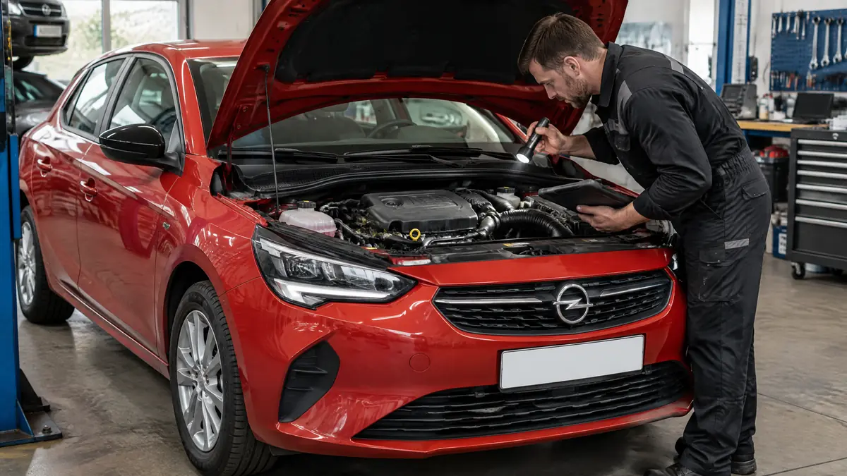 Opel Corsa F 1.2 mit geöffnetem Motorraum und Prüfung des Zahnriemens