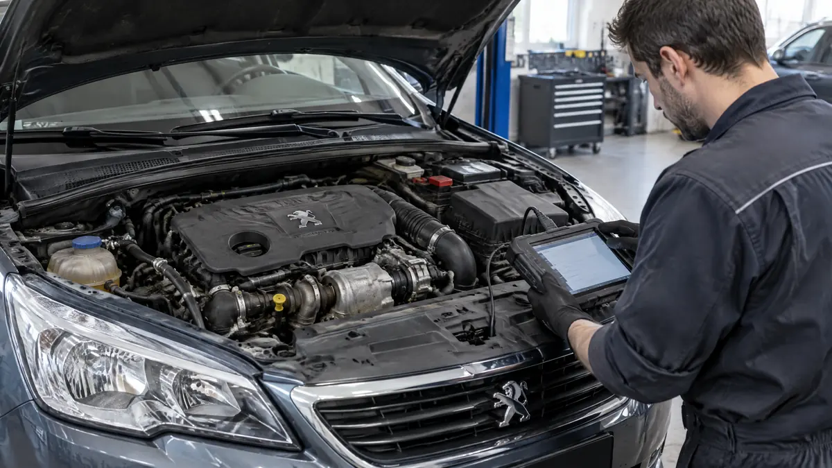 Peugeot 2.0 HDi Dieselmotor mit Turbolader bei einer Werkstattprüfung
