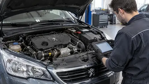 Peugeot 2.0 HDi Dieselmotor mit Turbolader bei einer Werkstattprüfung