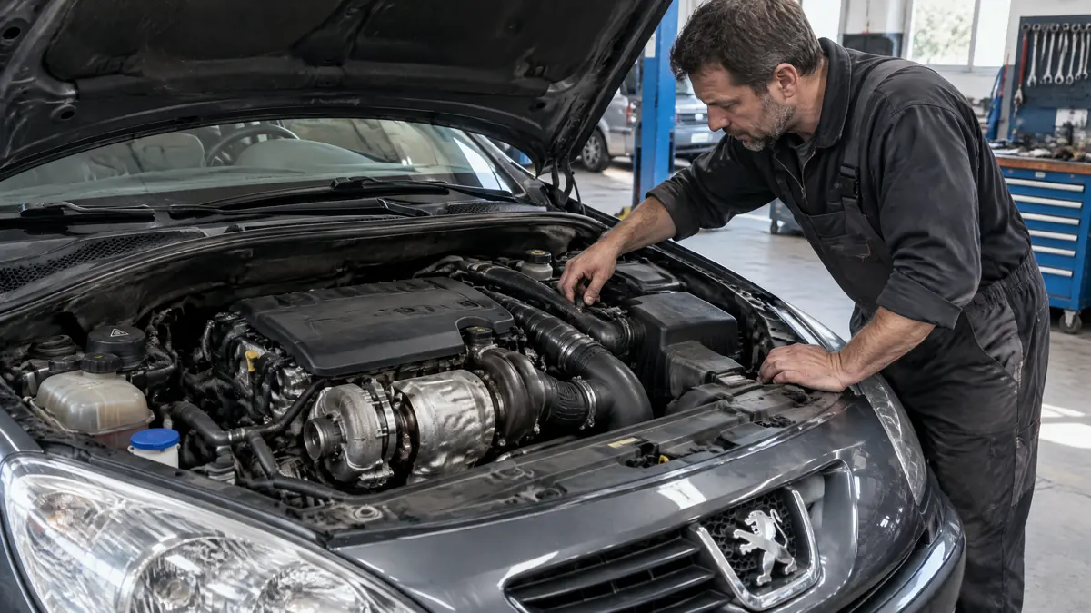 Peugeot 2.2 HDi Dieselmotor mit geöffneter Motorabdeckung bei einer Werkstattprüfung