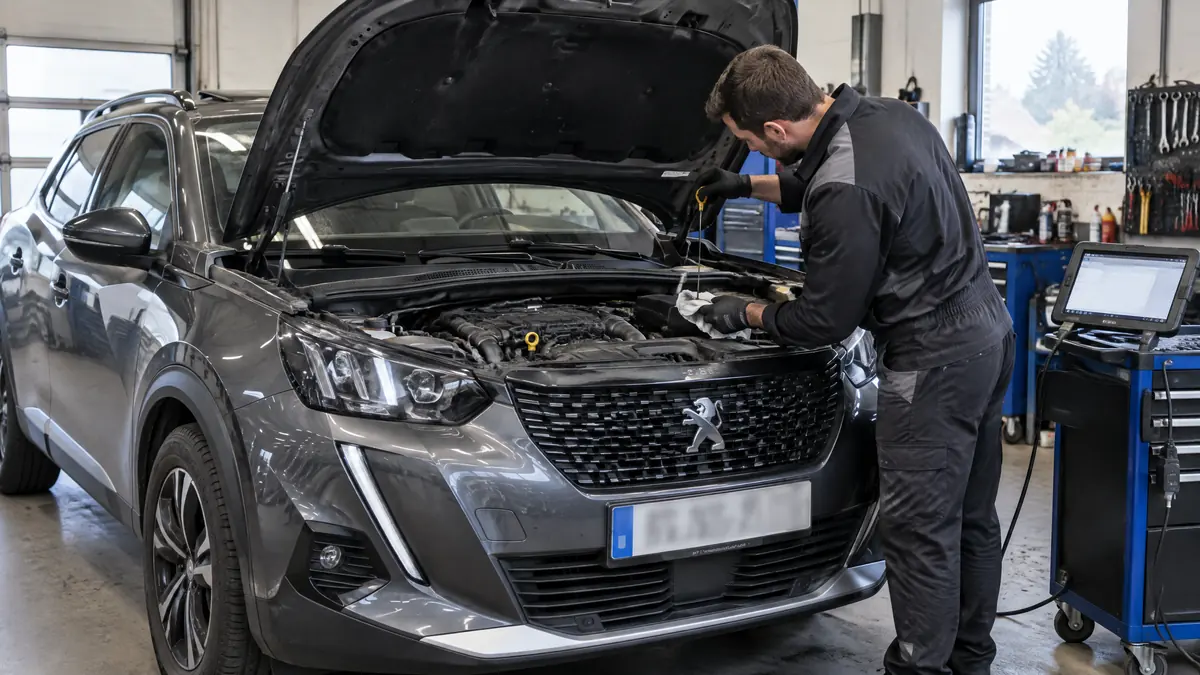 Peugeot 2008 Dreizylinder bei der Motorprüfung in einer Werkstatt