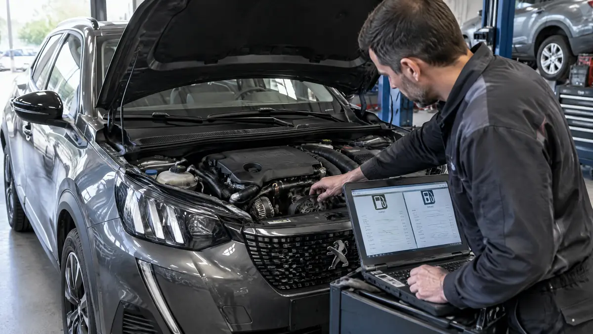 Peugeot 2008 auf einer Straße zur Diagnose von Motorproblemen