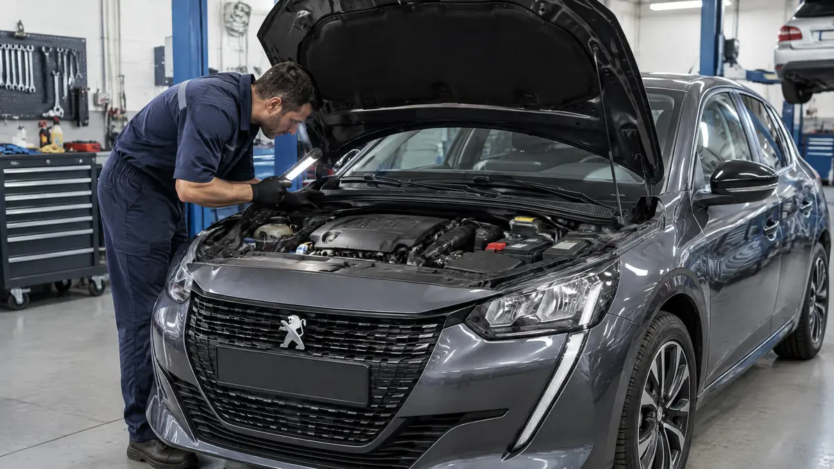Peugeot 208 mit geöffnetem Motorraum zur Prüfung von Motorproblemen
