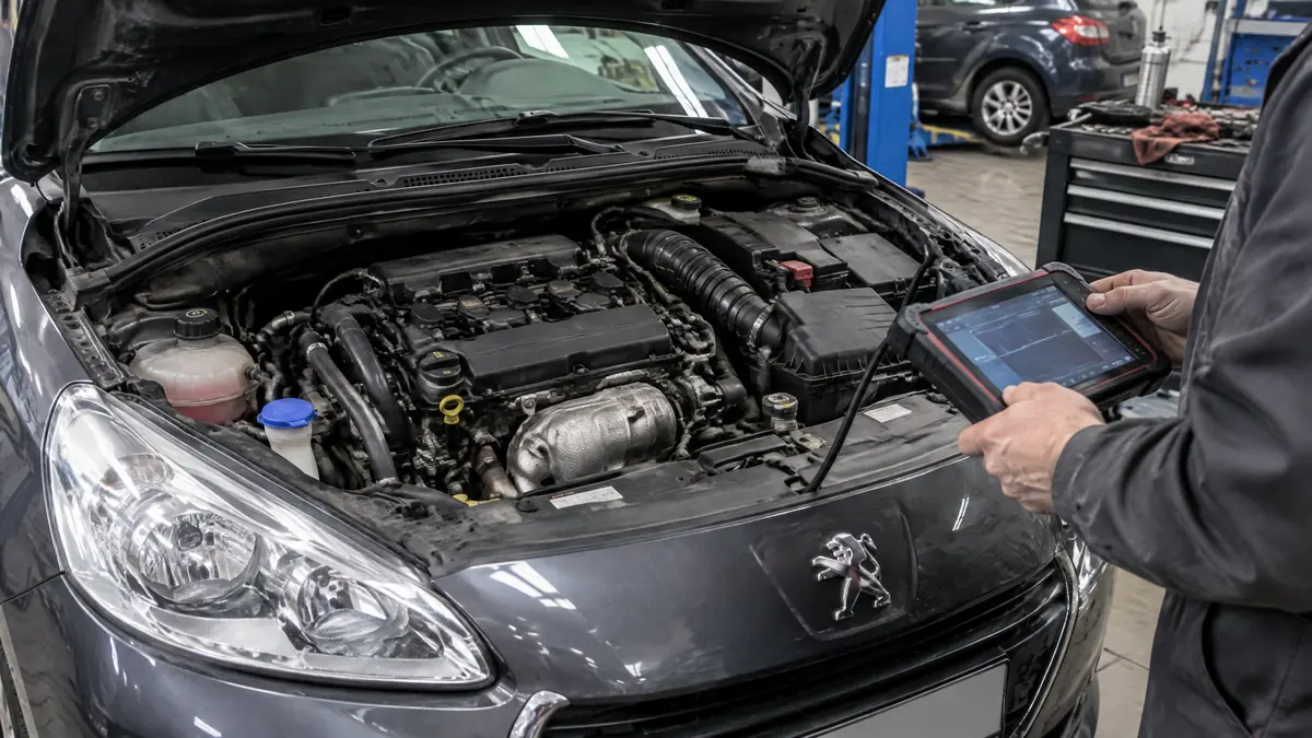 Peugeot Dreizylinder bei der Motorprüfung in einer Werkstatt