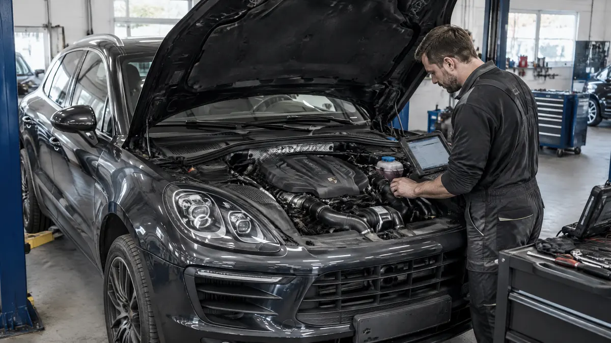 Porsche Macan Vierzylinder bei der Motorprüfung in einer Werkstatt