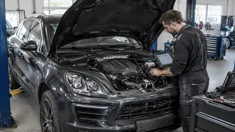 Porsche Macan Vierzylinder bei der Motorprüfung in einer Werkstatt