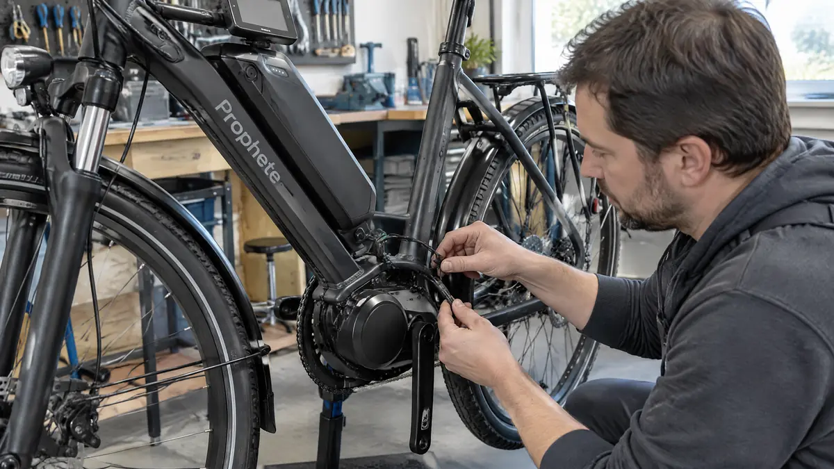 Prophete E-Bike mit AEG-Antrieb bei der Prüfung von Akku und Motor