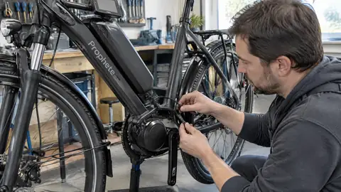 Prophete E-Bike mit AEG-Antrieb bei der Prüfung von Akku und Motor