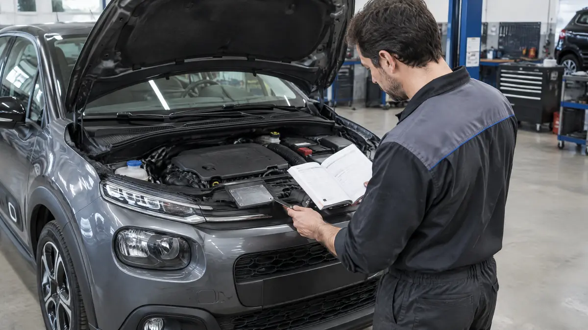 Citroën C3 in der Werkstatt: Motordaten und Serviceunterlagen werden geprüft