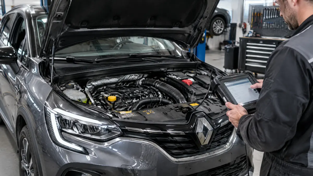 Geöffneter Renault 1.3 TCe Vierzylinder mit Turbolader in einer Werkstatt