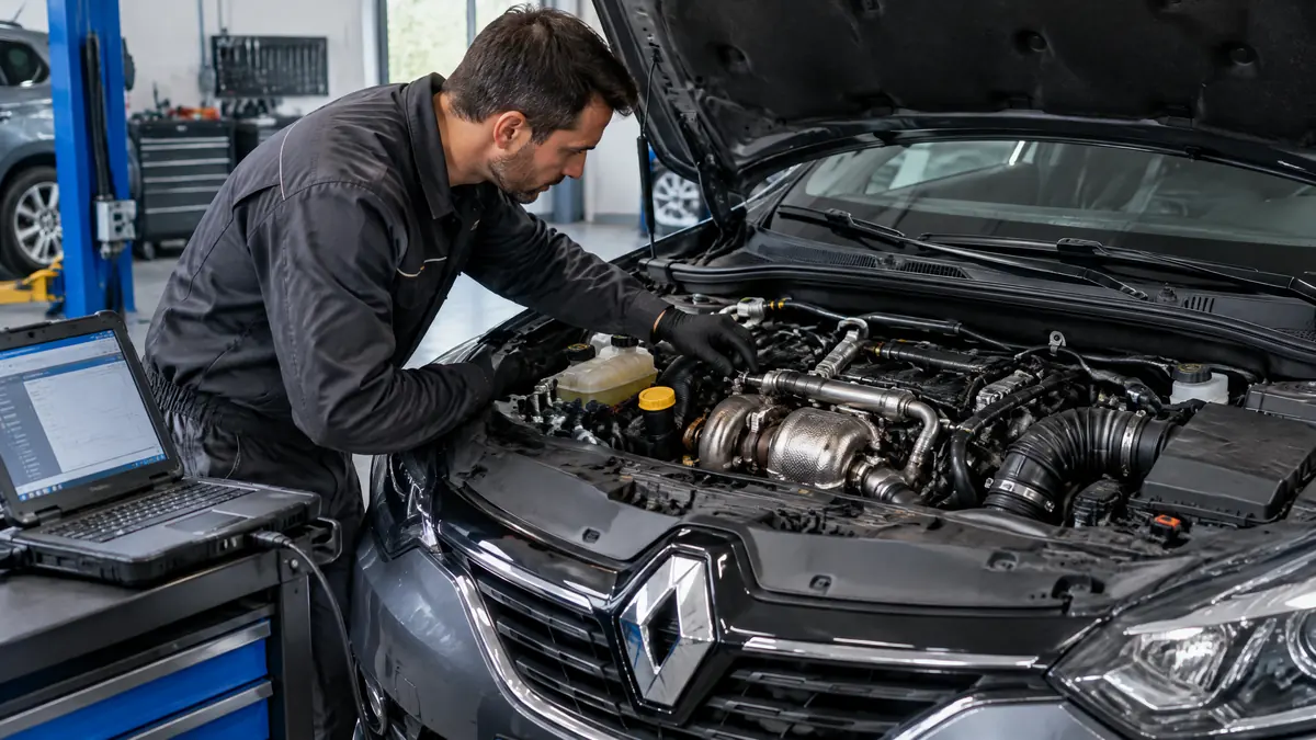 Renault 1.6 dCi mit geöffneter Motorhaube bei der Prüfung von Motor und Abgasanlage