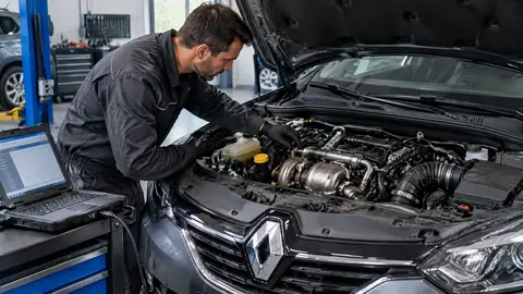 Renault 1.6 dCi mit geöffneter Motorhaube bei der Prüfung von Motor und Abgasanlage