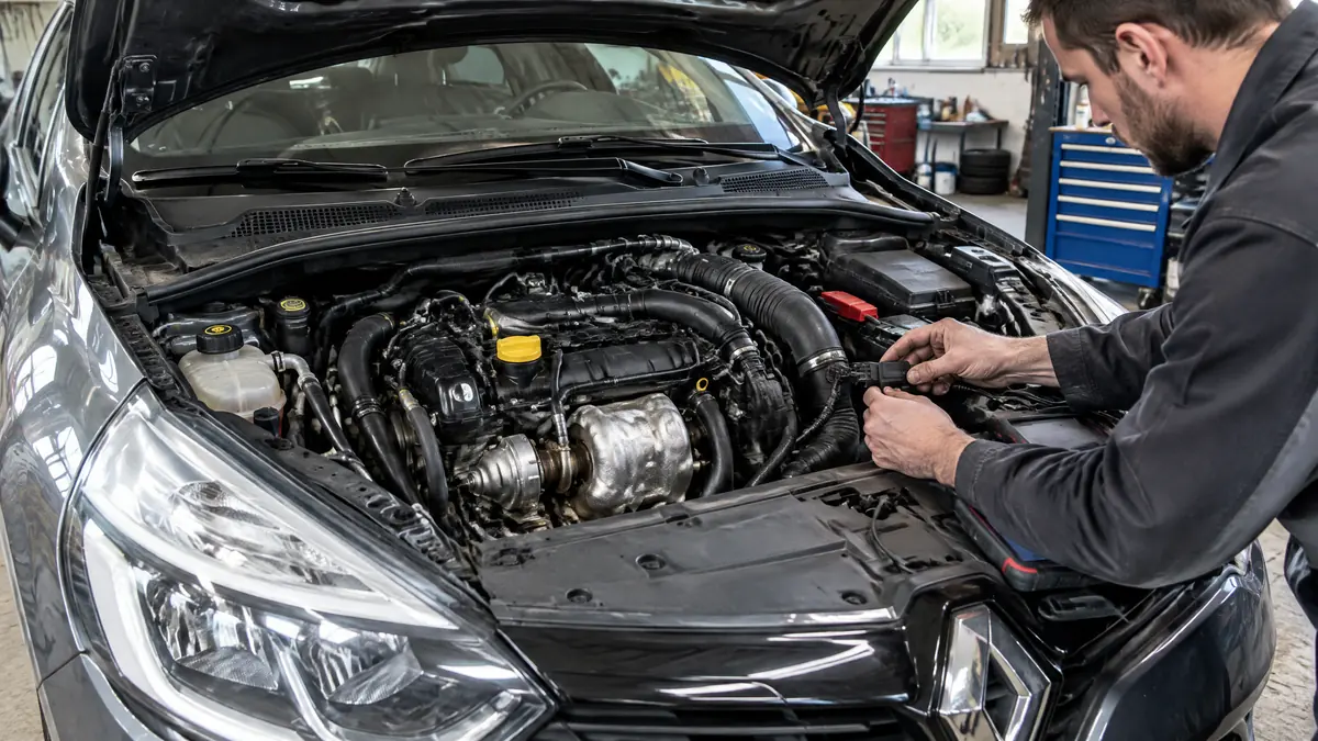 Renault Dreizylinder bei einer systematischen Motorprüfung in der Werkstatt