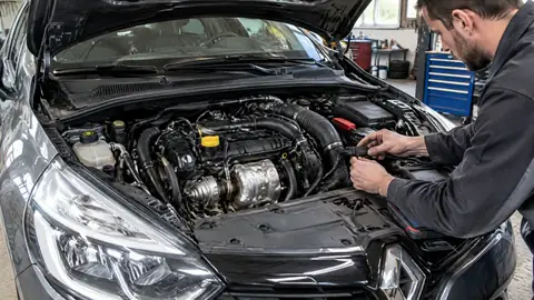 Renault Dreizylinder bei einer systematischen Motorprüfung in der Werkstatt