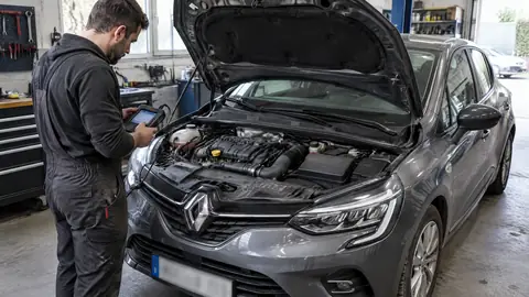 Renault Clio Dreizylinder bei der Diagnose in einer Werkstatt