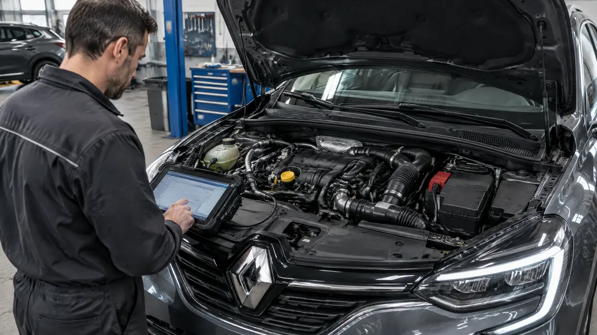 Renault TCe 160 Vierzylinder-Turbomotor bei einer Diagnose in der Werkstatt
