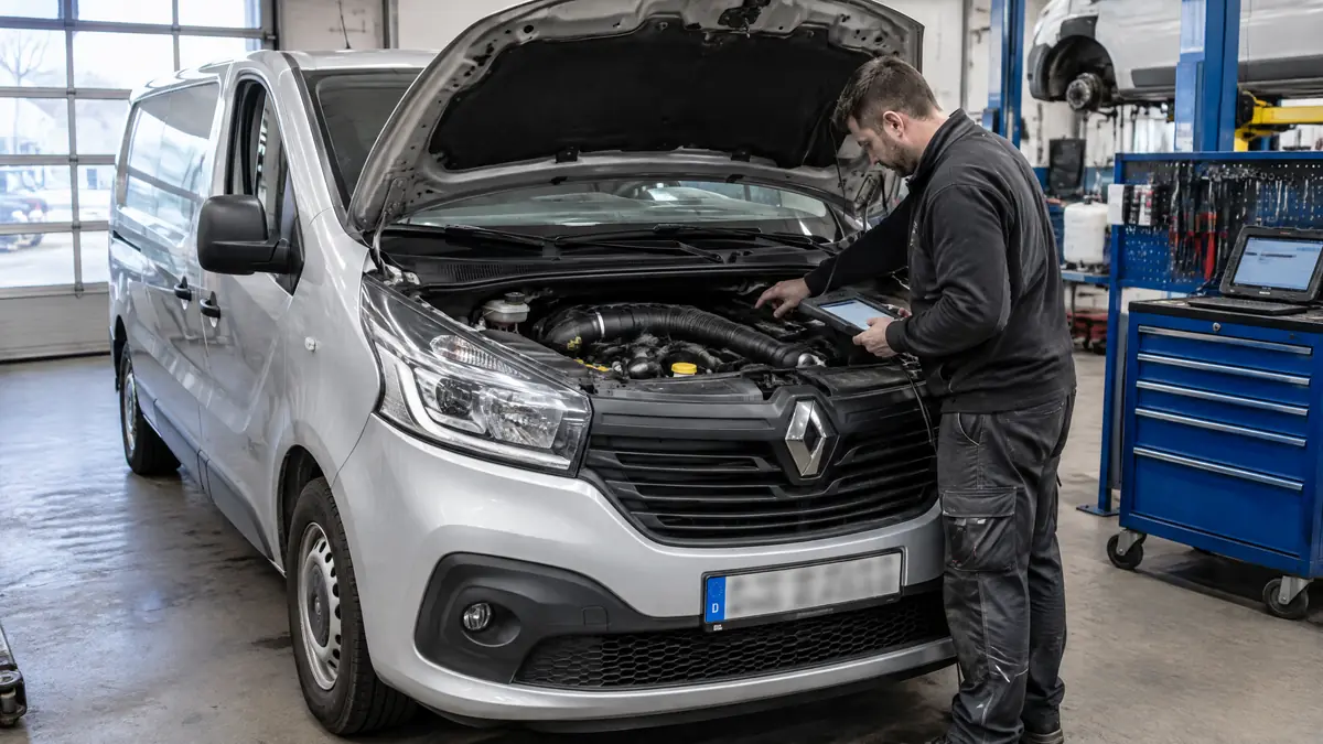 Renault Trafic 2.0 dCi Dieselmotor mit sichtbaren Leitungen für Ladeluft und Kühlung