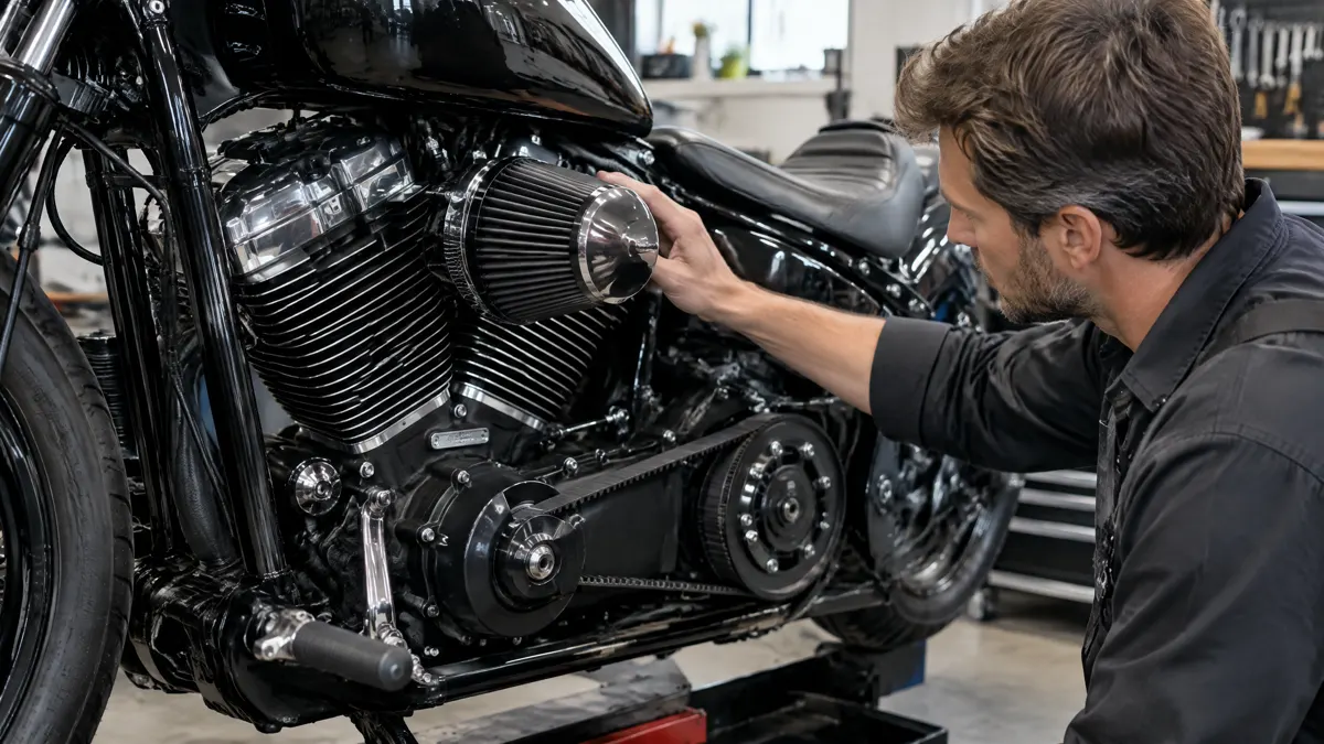 Screamin Eagle 110 V-Twin-Motor bei der Prüfung in einer Motorradwerkstatt