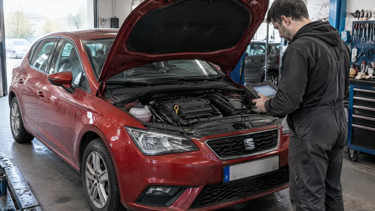 SEAT Ibiza mit Dreizylinder-Benzinmotor bei der Prüfung in einer Werkstatt