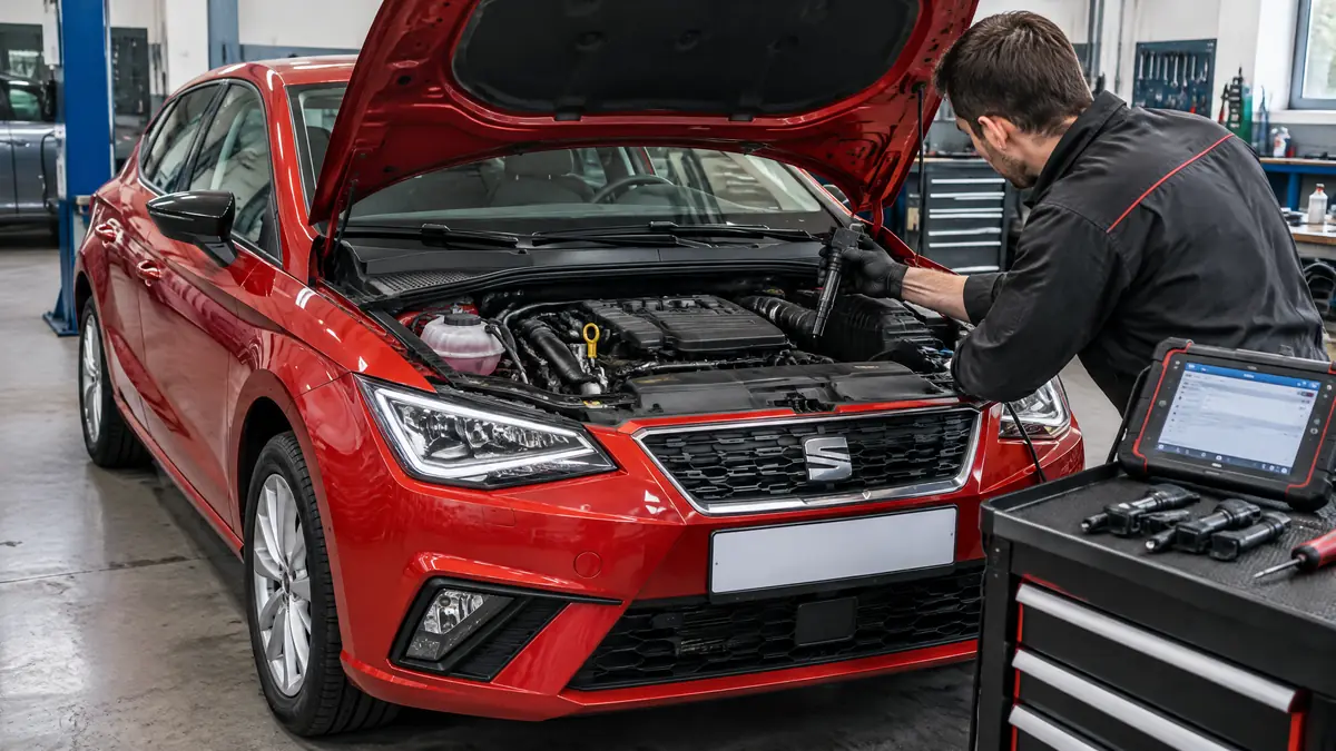 SEAT Ibiza mit geöffneter Motorhaube bei der Prüfung von MPI- und TSI-Dreizylinder