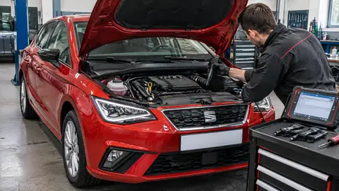 SEAT Ibiza mit geöffneter Motorhaube bei der Prüfung von MPI- und TSI-Dreizylinder
