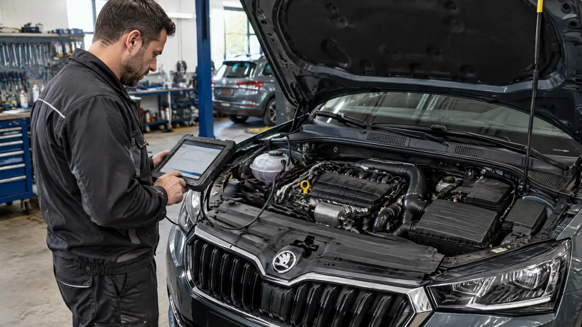 Škoda Dreizylinder bei der Prüfung in einer Kfz-Werkstatt