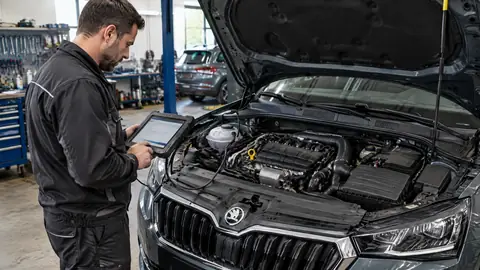 Škoda Dreizylinder bei der Prüfung in einer Kfz-Werkstatt
