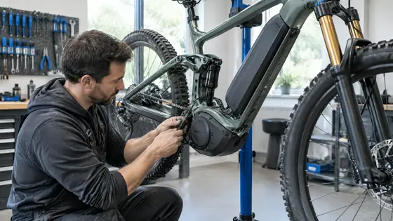 Specialized E-Mountainbike mit sichtbarem 2.2-Mittelmotor auf einem Montageständer