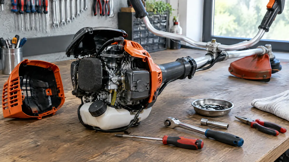 STIHL 4-MIX-Kleinmotor eines Freischneiders bei der Wartung auf einer Werkbank