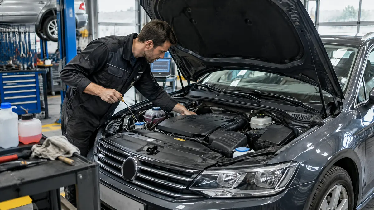 Mechaniker prüft einen Motor auf Symptome eines Motorschadens