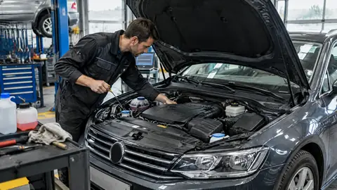 Mechaniker prüft einen Motor auf Symptome eines Motorschadens